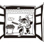 Un vinilo original, una vaca graciosa mirando por la ventana